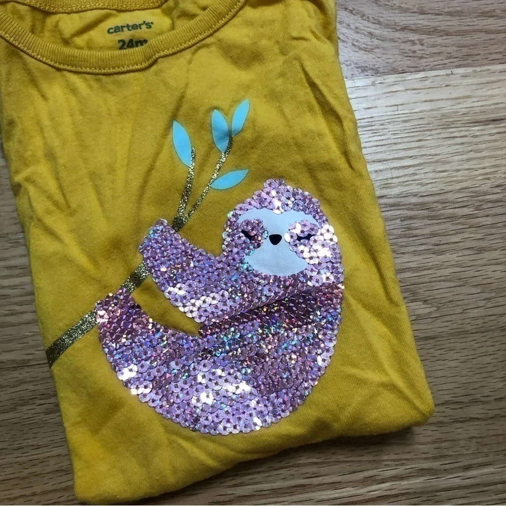 2T Girls Short Sleeve Shirt Bundle Sequin Sloth Yellow Pink Blue Palm Tree